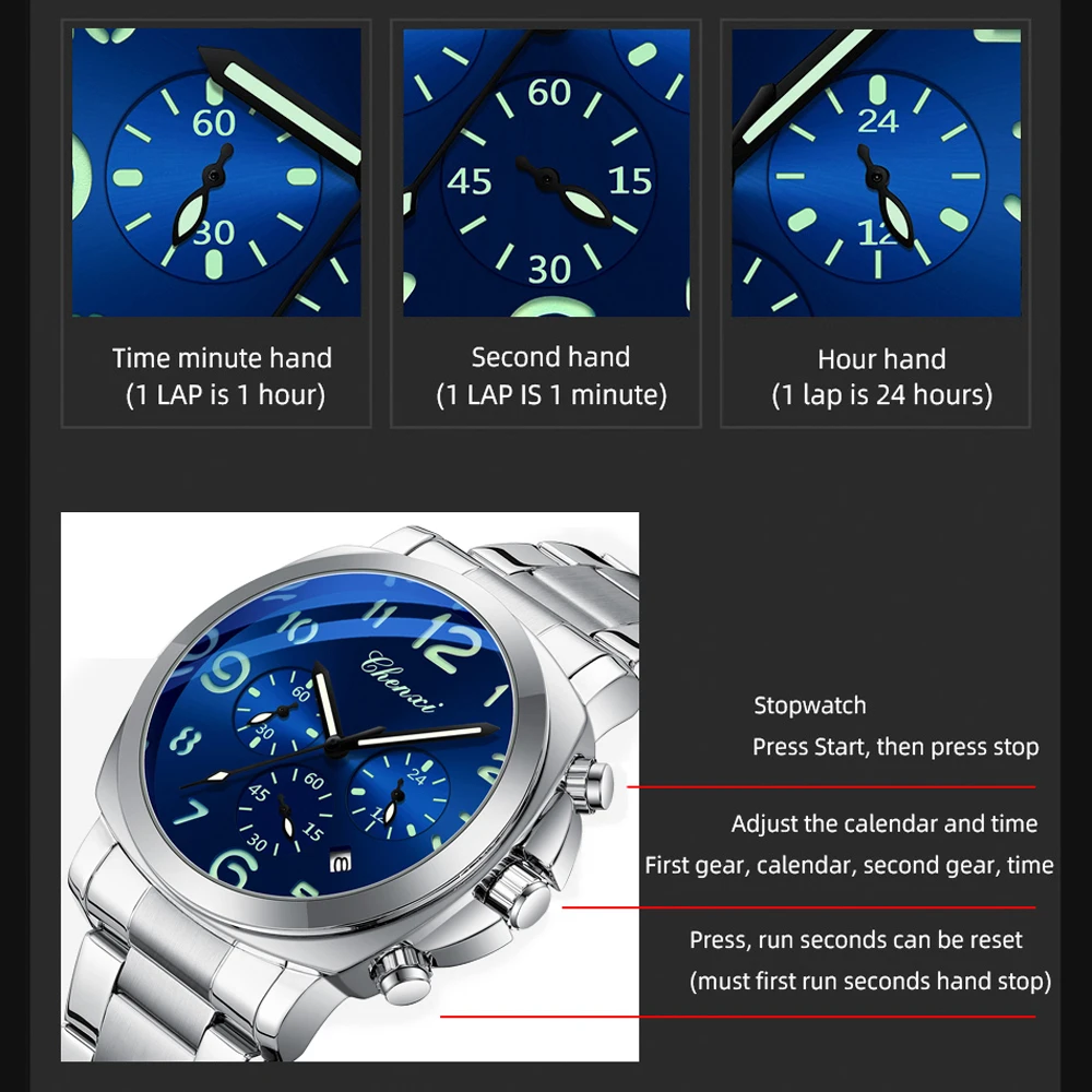 CHENXI Men Watches Stainless Steel Analog Quartz Sport Watches for Man Waterproof Business Classic Design Date Wrist Watch - Image 3