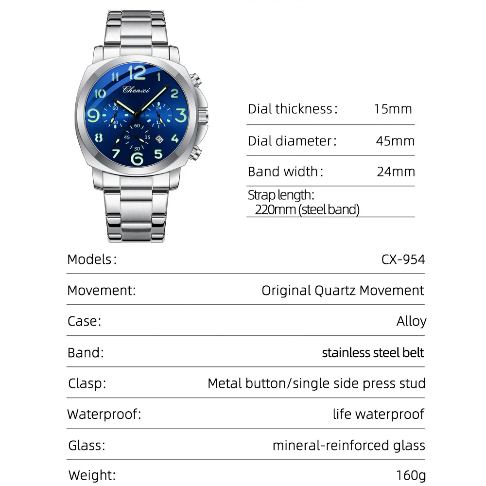CHENXI Men Watches Stainless Steel Analog Quartz Sport Watches for Man Waterproof Business Classic Design Date Wrist Watch - Image 2