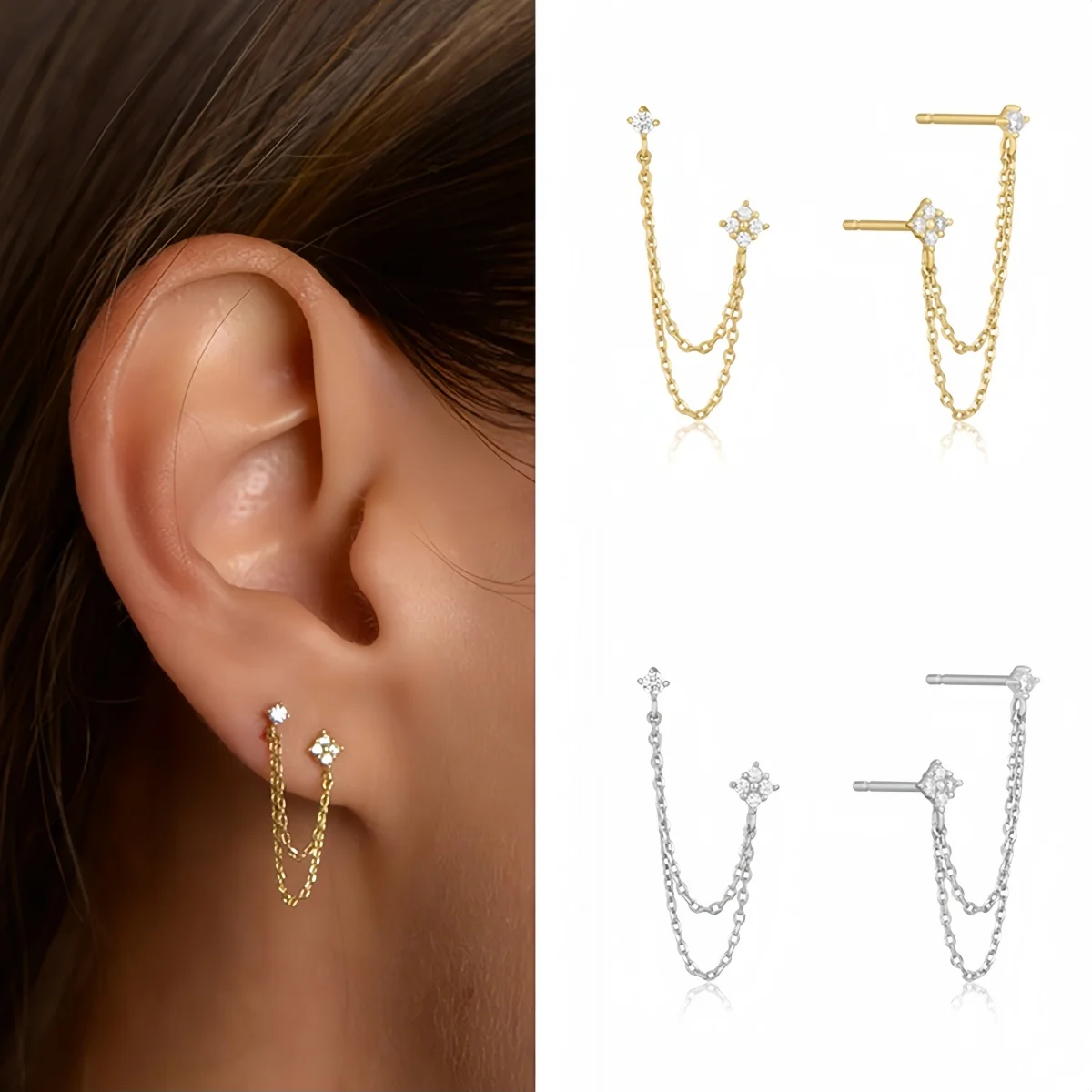 Tassel Chain Hanging Earrings Double Studs for Women Ear Piercing 3 Metal Color Luxury Jewelry Gift - Image 2