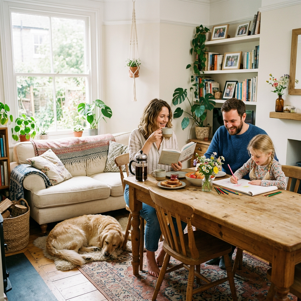 Family sitting at wooden dining table enjoying coffee, reading, and drawing, dog lying nearby