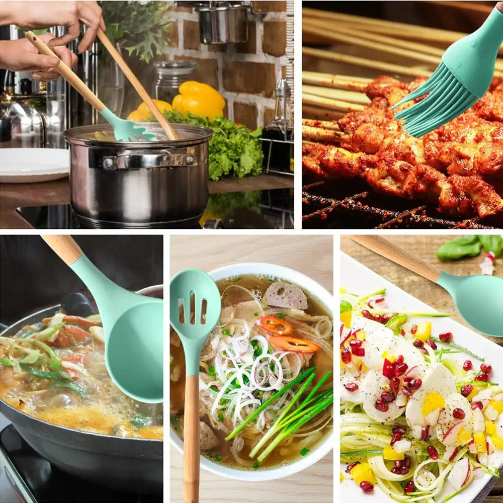 LMETJMA Silicone Cooking Utensils Set - 446°F Heat Resistant Kitchen Utensils Set Turner Tongs Spatula Spoon Brush Whisk JT888 - Image 5