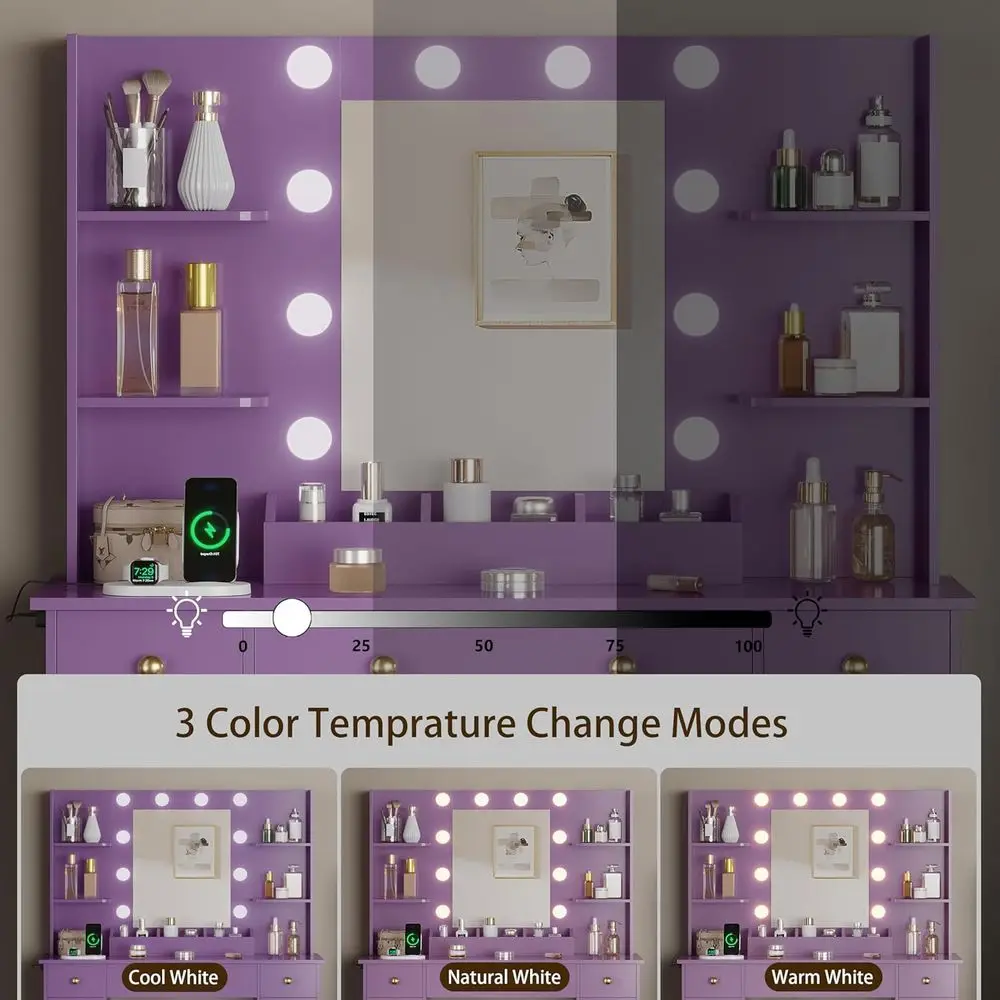 Makeup Vanity Desk with Mirror, LED Lights & Power Outlet, 3 Drawers & Cabinet, Ideal for Women's Bedroom - Image 6