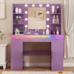 Makeup Vanity Desk with Mirror, LED Lights & Power Outlet, 3 Drawers & Cabinet, Ideal for Women's Bedroom