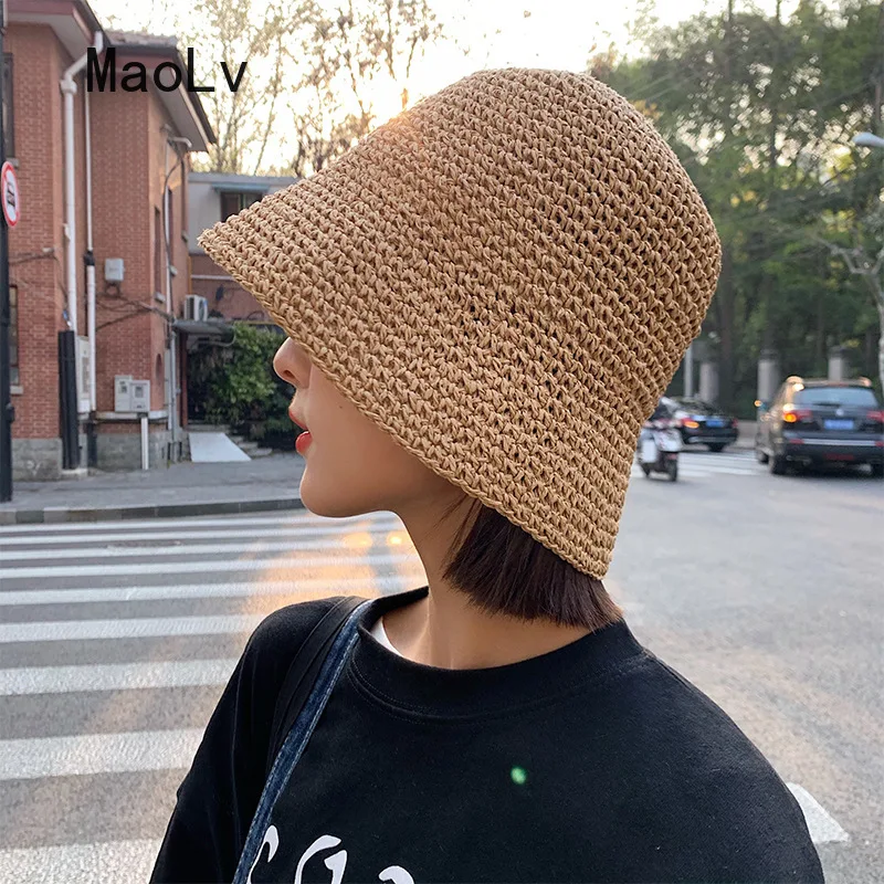 Beach Korean Straw Hat Summer Women Visor Bucket Hat Fisherman Hat Hand weaving Panama Girl Fishing Chapeau Sun Hats tool - Image 3