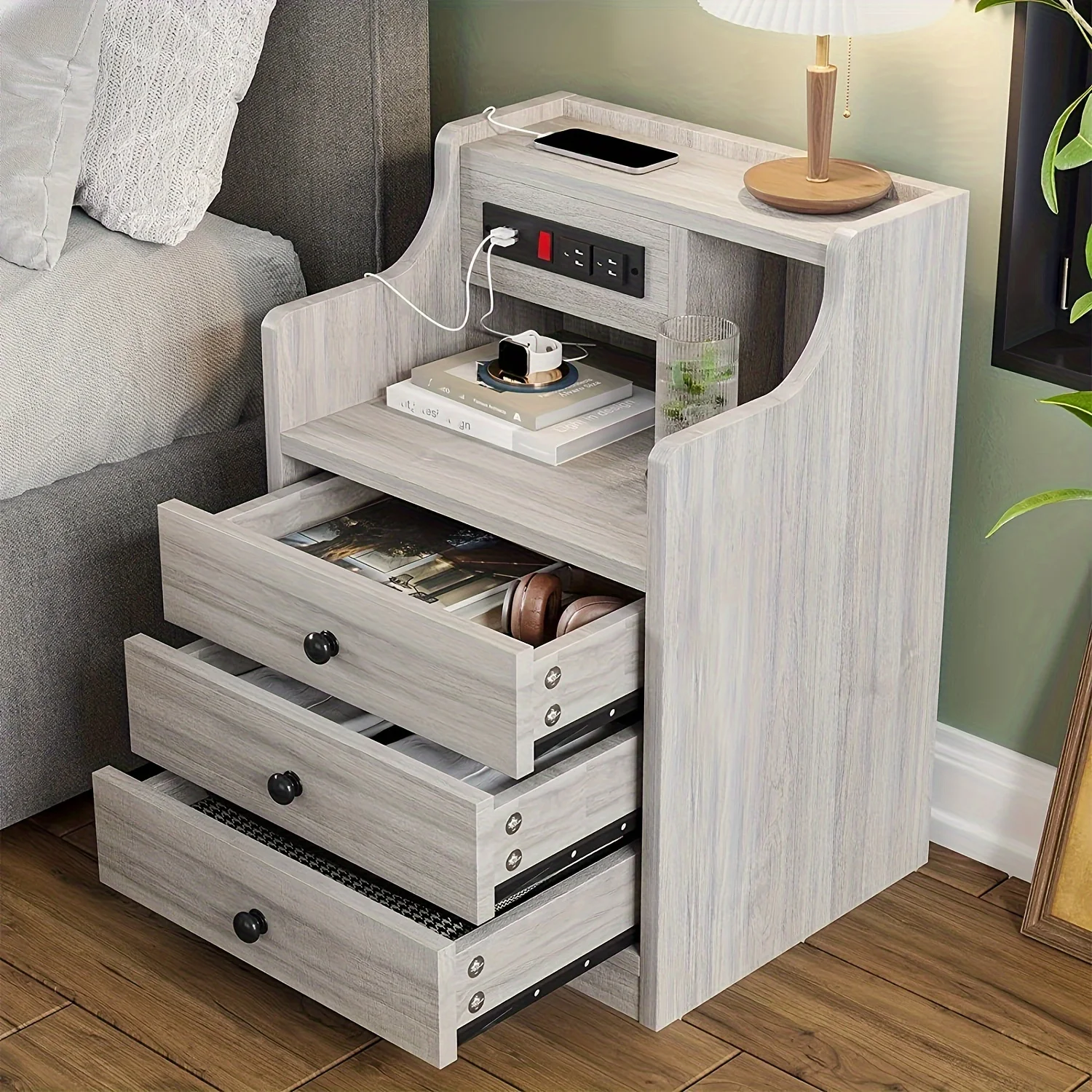 Nightstand with Charging Station, 2 USB Ports & 2 Outlets, Grey Nightstands with Hutch and 3 Drawers, Bedroom End Table - Image 12