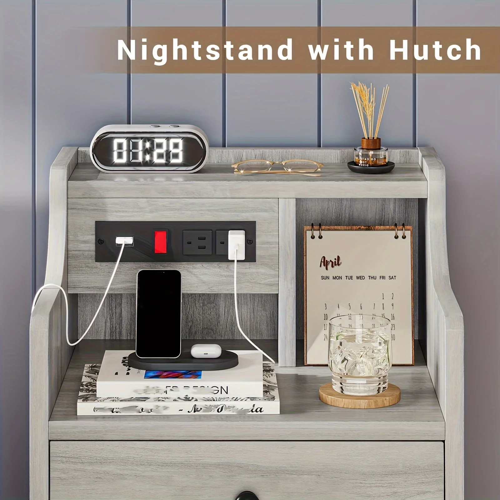 Nightstand with Charging Station, 2 USB Ports & 2 Outlets, Grey Nightstands with Hutch and 3 Drawers, Bedroom End Table - Image 9