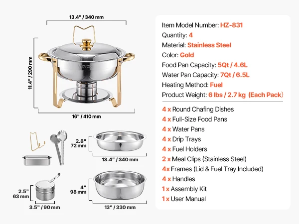 SucceBuy 4 Pack Chafing Dish Buffet Set Stainless Steel Chafer w/4 Full Size Pan Round Catering Warmer Server for Party Banquets - Image 7
