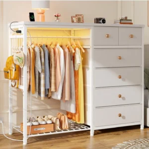 49.2" W White Dresser for Bedroom with Hanging Rack, 6 Drawers Dresser with LED Lights & Charging Station, Fabric Dressers