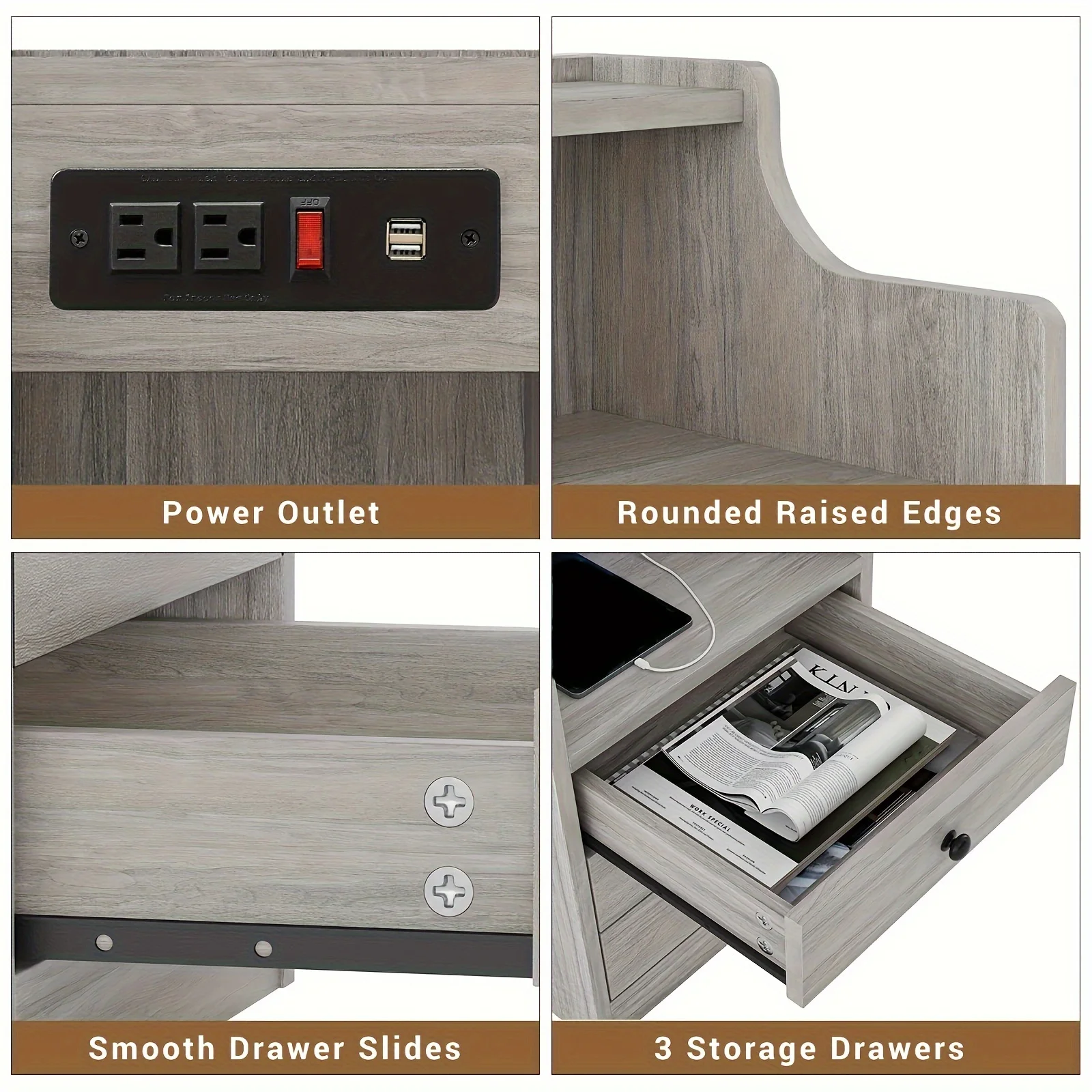 Nightstand with Charging Station, 2 USB Ports & 2 Outlets, Grey Nightstands with Hutch and 3 Drawers, Bedroom End Table - Image 2