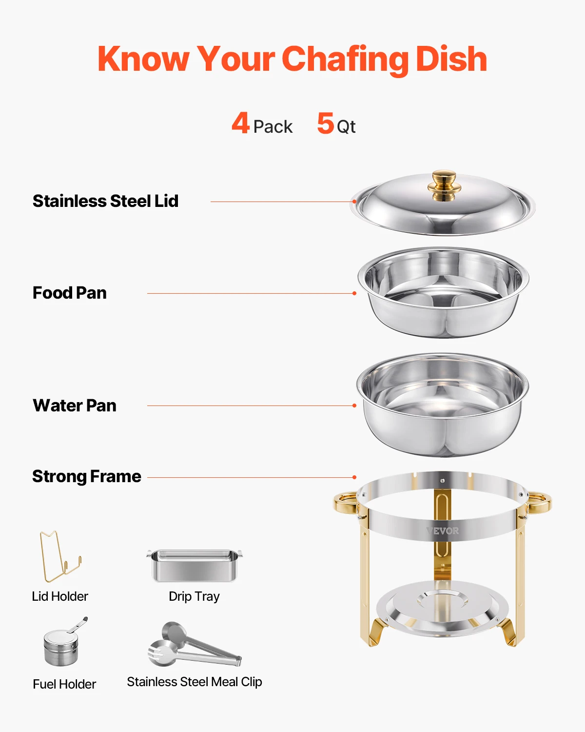 SucceBuy 4 Pack Chafing Dish Buffet Set Stainless Steel Chafer w/4 Full Size Pan Round Catering Warmer Server for Party Banquets - Image 6