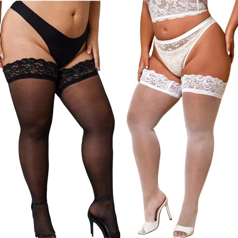 Women Plus Size Thigh High Stockings Lace Top Silicon Anti-skid Fashion NightClub Wear Sheer Over Knee Socks Female XXL - Image 4