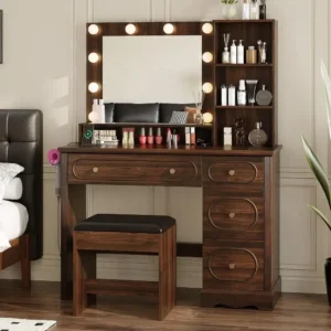 42 Walnut Makeup Vanity Desk with Mirror, Lights, and Charging Station - Brown Wood with Open Storage, Drawers, and Stool Chair