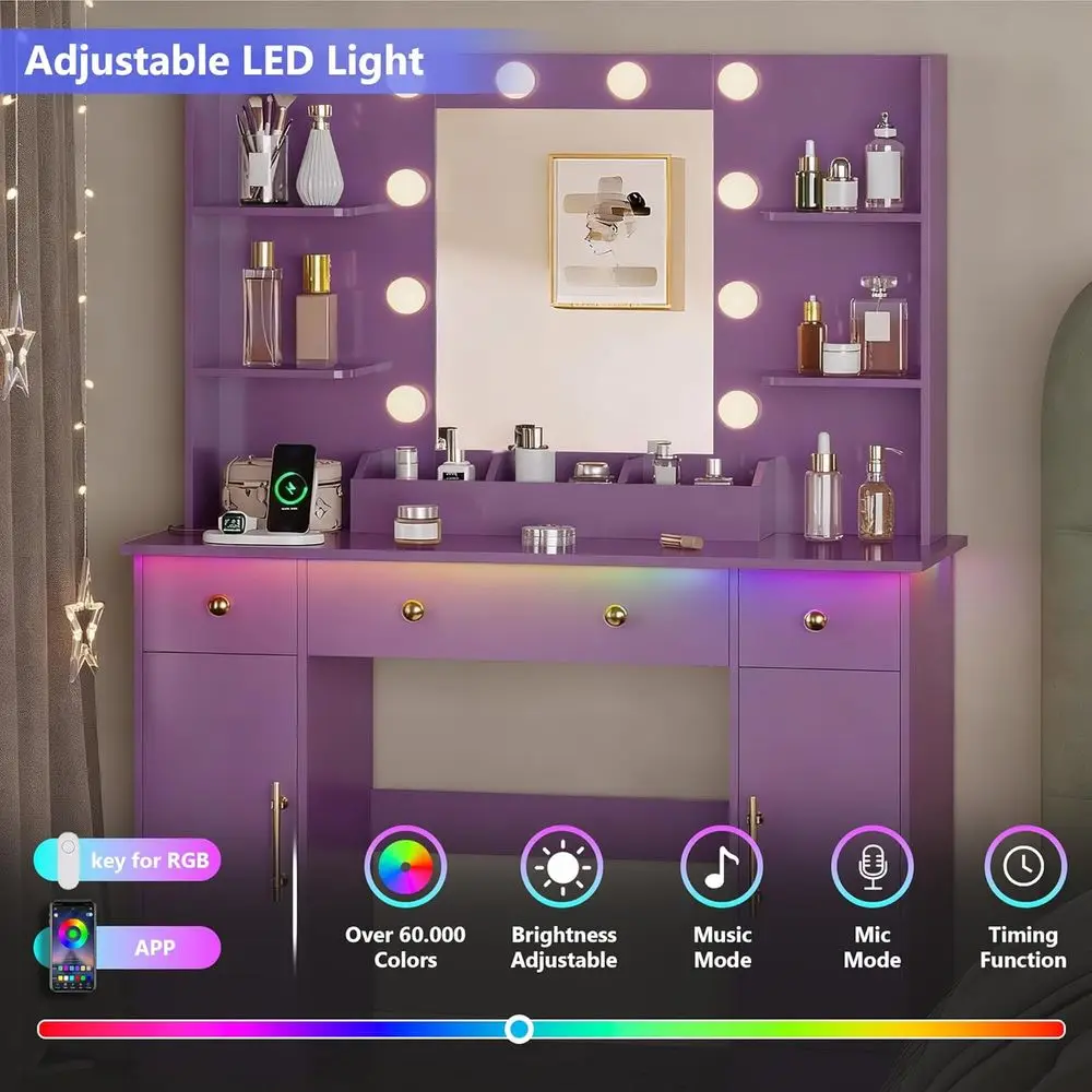 Makeup Vanity Desk with Mirror, LED Lights & Power Outlet, 3 Drawers & Cabinet, Ideal for Women's Bedroom - Image 5