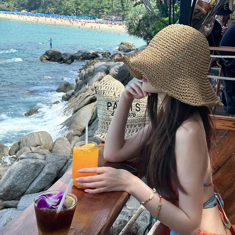 Beach Korean Straw Hat Summer Women Visor Bucket Hat Fisherman Hat Hand weaving Panama Girl Fishing Chapeau Sun Hats tool - Image 4