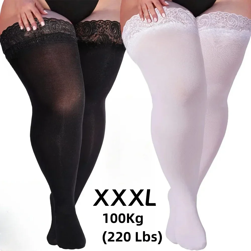 Women Plus Size Thigh High Stockings Lace Top Silicon Anti-skid Fashion NightClub Wear Sheer Over Knee Socks Female XXL