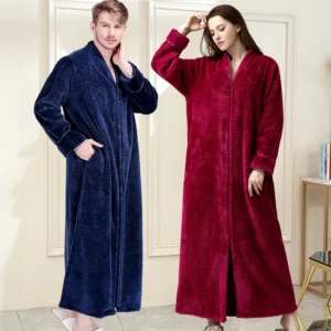 Women Winter Extra Long Thick Warm Bath Robe Plus Size Zipper Luxury Flannel Peignoir Pregnant Bathrobe Men Coral Fleece Robes
