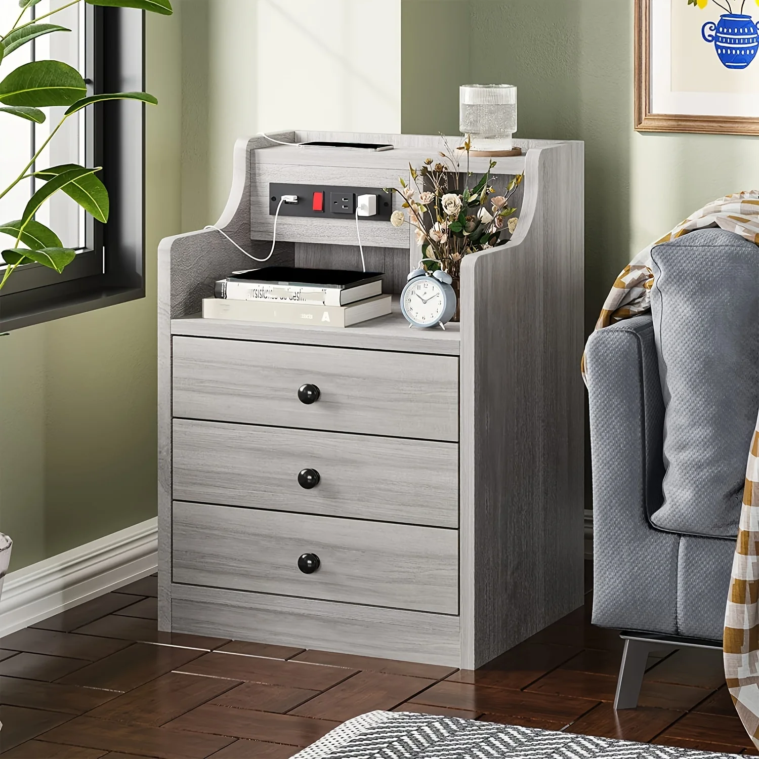 Nightstand with Charging Station, 2 USB Ports & 2 Outlets, Grey Nightstands with Hutch and 3 Drawers, Bedroom End Table - Image 11