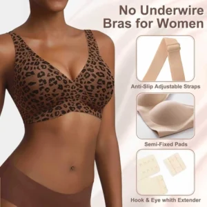 Women's Plus Size Wireless Leopard Bra Seamless Full Coverage Thin Molded Cup Breathable Supportive Everyday Comfort Bra