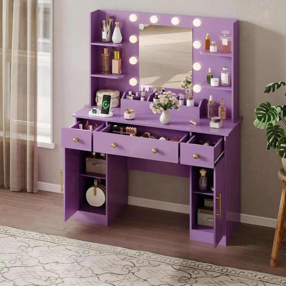 Makeup Vanity Desk with Mirror, LED Lights & Power Outlet, 3 Drawers & Cabinet, Ideal for Women's Bedroom - Image 3