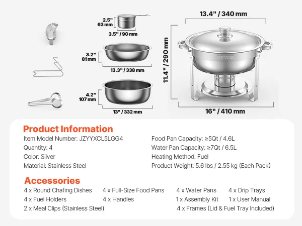SucceBuy 4 Pack Chafing Dish Buffet Set Stainless Steel Chafer w/4 Full Size Pan Round Catering Warmer Server for Party Banquets - Image 8