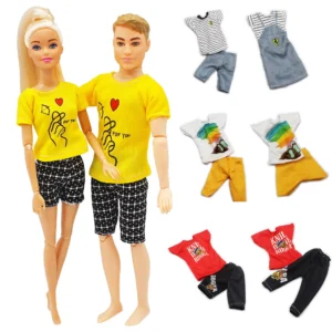 2Sets Couple outfit Point Dress Shirt Denim Grid Skirt Daily Casual Wear Accessories FOR Barbies&Kens Doll Clothes