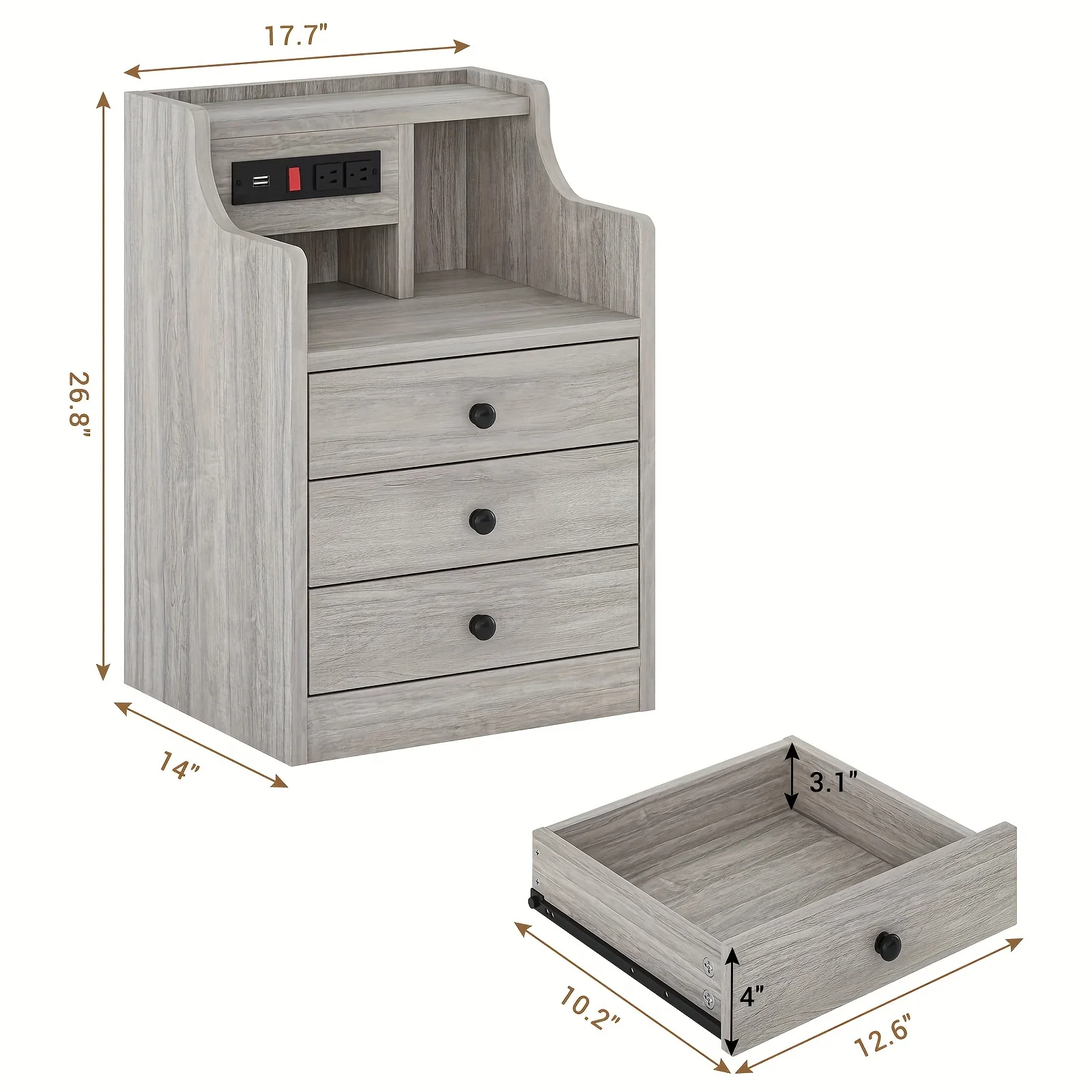Nightstand with Charging Station, 2 USB Ports & 2 Outlets, Grey Nightstands with Hutch and 3 Drawers, Bedroom End Table - Image 14
