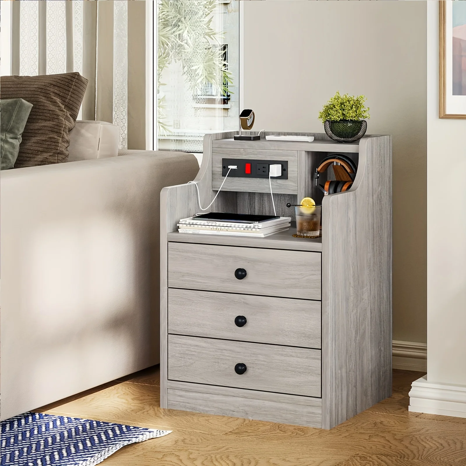 Nightstand with Charging Station, 2 USB Ports & 2 Outlets, Grey Nightstands with Hutch and 3 Drawers, Bedroom End Table - Image 8