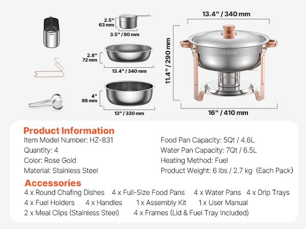 SucceBuy 4 Pack Chafing Dish Buffet Set Stainless Steel Chafer w/4 Full Size Pan Round Catering Warmer Server for Party Banquets - Image 9