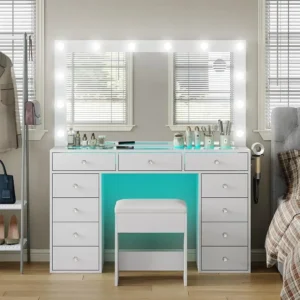 Large 47.2 LED Lighted Makeup Vanity Desk with 11 Drawers, 3 Color Modes, and Charging Station