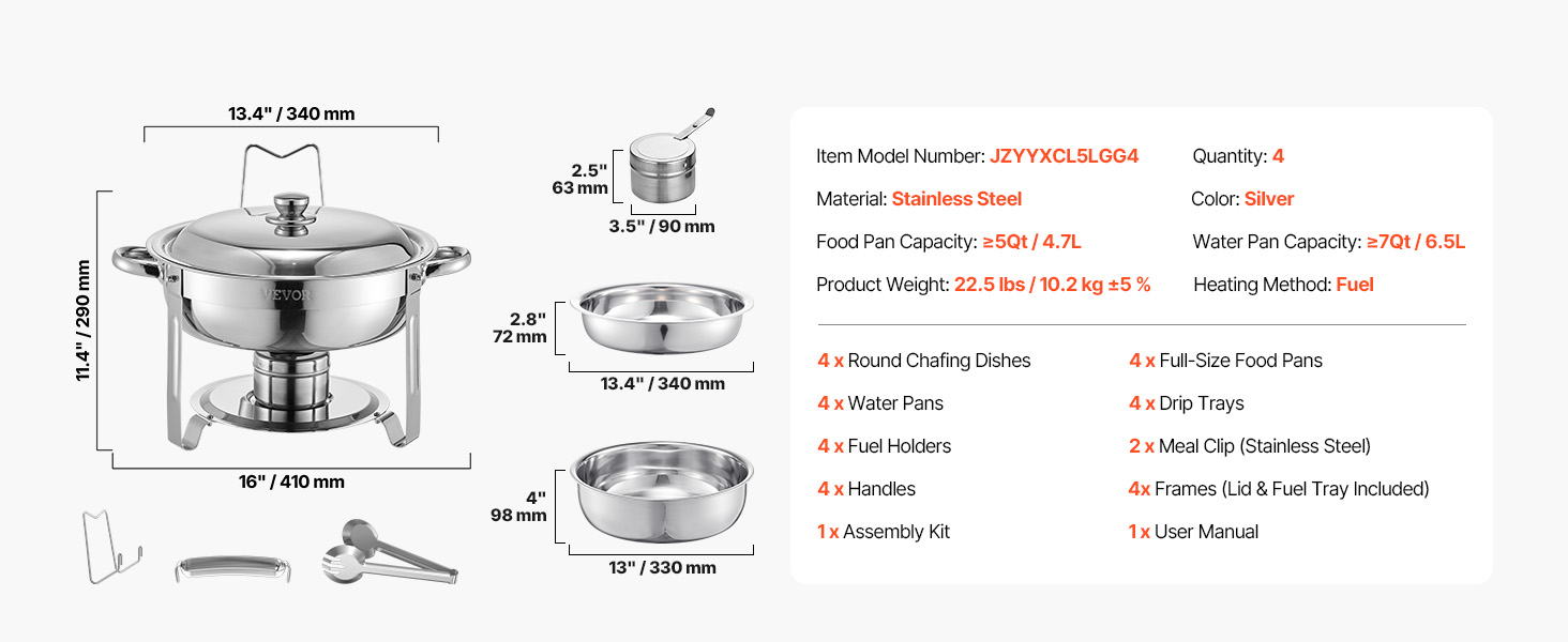 SucceBuy 4 Pack Chafing Dish Buffet Set Stainless Steel Chafer w/4 Full Size Pan Round Catering Warmer Server for Party Banquets - Image 20