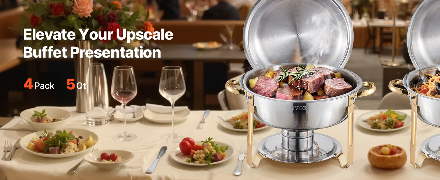 SucceBuy 4 Pack Chafing Dish Buffet Set Stainless Steel Chafer w/4 Full Size Pan Round Catering Warmer Server for Party Banquets - Image 11
